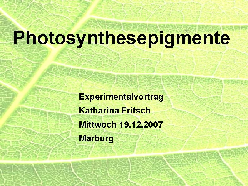Photosynthesepigmente Experimentalvortrag Katharina Fritsch Mittwoch 19. 12. 2007 Marburg 