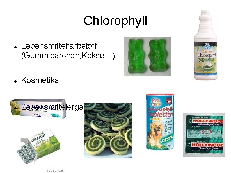 Chlorophyll Lebensmittelfarbstoff (Gummibärchen, Kekse…) Kosmetika Lebensmittelergänzung 