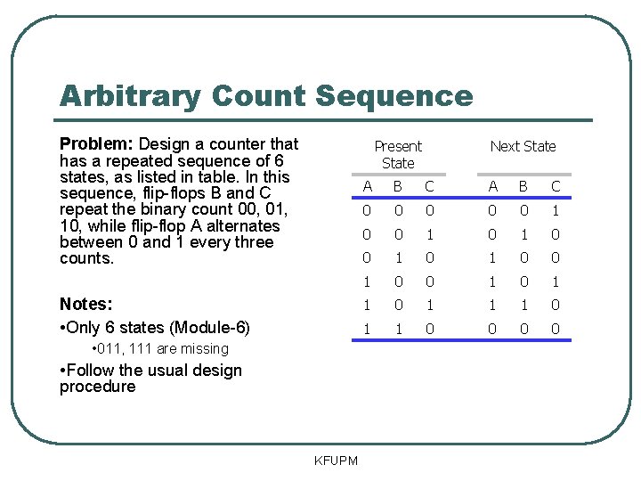 Arbitrary Count Sequence Problem: Design a counter that has a repeated sequence of 6