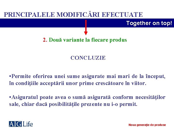 PRINCIPALELE MODIFICĂRI EFECTUATE Together on top! 2. Două variante la fiecare produs CONCLUZIE •