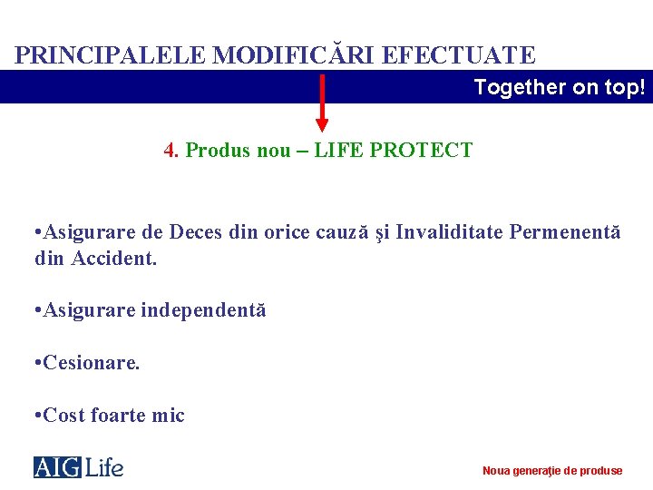 PRINCIPALELE MODIFICĂRI EFECTUATE Together on top! 4. Produs nou – LIFE PROTECT • Asigurare