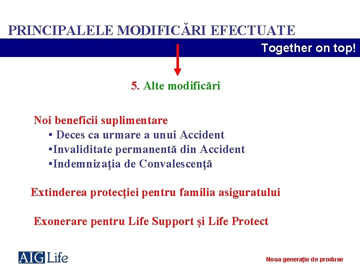 PRINCIPALELE MODIFICĂRI EFECTUATE Together on top! 5. Alte modificări Noi beneficii suplimentare • Deces