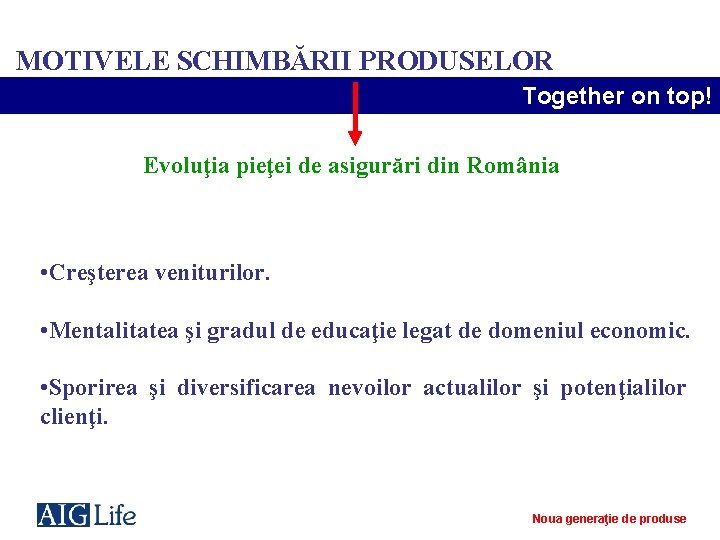 MOTIVELE SCHIMBĂRII PRODUSELOR Together on top! Evoluţia pieţei de asigurări din România • Creşterea