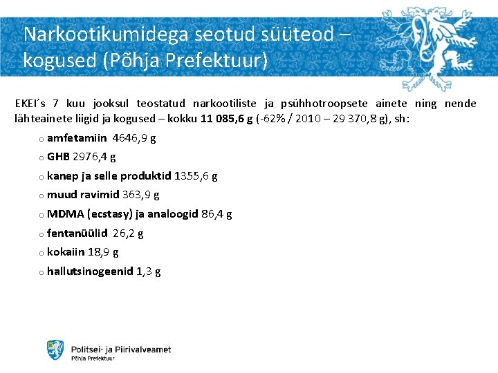 Narkootikumidega seotud süüteod – kogused (Põhja Prefektuur) EKEI´s 7 kuu jooksul teostatud narkootiliste ja