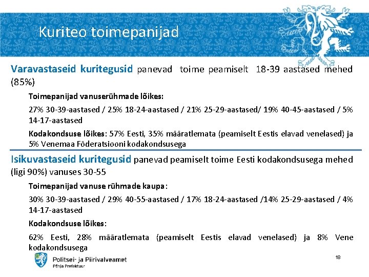 Kuriteo toimepanijad Varavastaseid kuritegusid panevad toime peamiselt 18 -39 aastased mehed (85%) Toimepanijad vanuserühmade