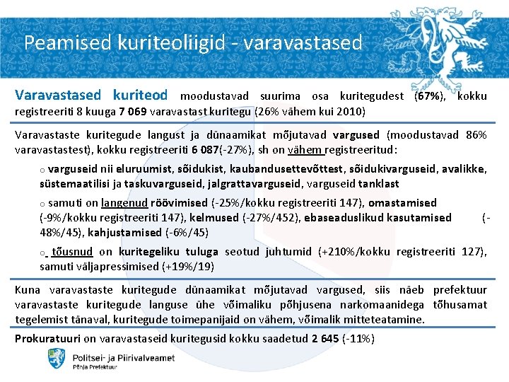 Peamised kuriteoliigid - varavastased Varavastased kuriteod moodustavad suurima osa kuritegudest (67%), kokku registreeriti 8