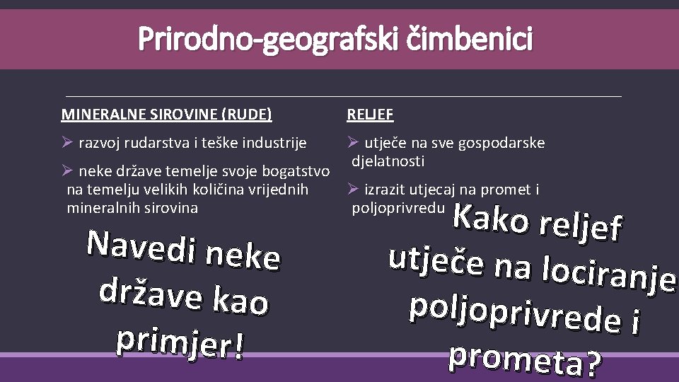 Prirodno-geografski čimbenici MINERALNE SIROVINE (RUDE) RELJEF Ø razvoj rudarstva i teške industrije Ø utječe