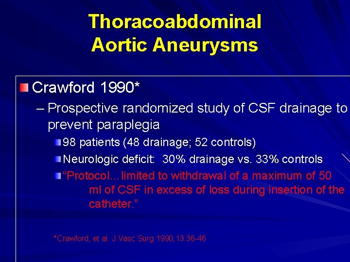 Thoracoabdominal Aortic Aneurysms Crawford 1990* – Prospective randomized study of CSF drainage to prevent