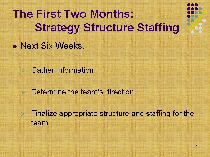 The First Two Months: Strategy Structure Staffing l Next Six Weeks. Ø Gather information The First Two Months: Strategy Structure Staffing l Next Six Weeks. Ø Gather information