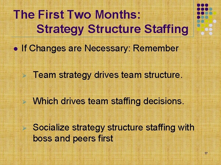 The First Two Months: Strategy Structure Staffing l If Changes are Necessary: Remember Ø The First Two Months: Strategy Structure Staffing l If Changes are Necessary: Remember Ø