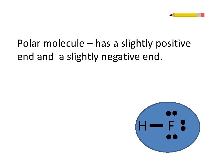 Polar molecule – has a slightly positive end a slightly negative end. H F