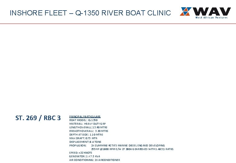 INSHORE FLEET – Q-1350 RIVER BOAT CLINIC ST. 269 / RBC 3 PRINCIPAL PARTICULARS