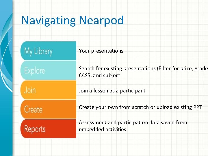 Navigating Nearpod Your presentations Search for existing presentations (Filter for price, grade CCSS, and