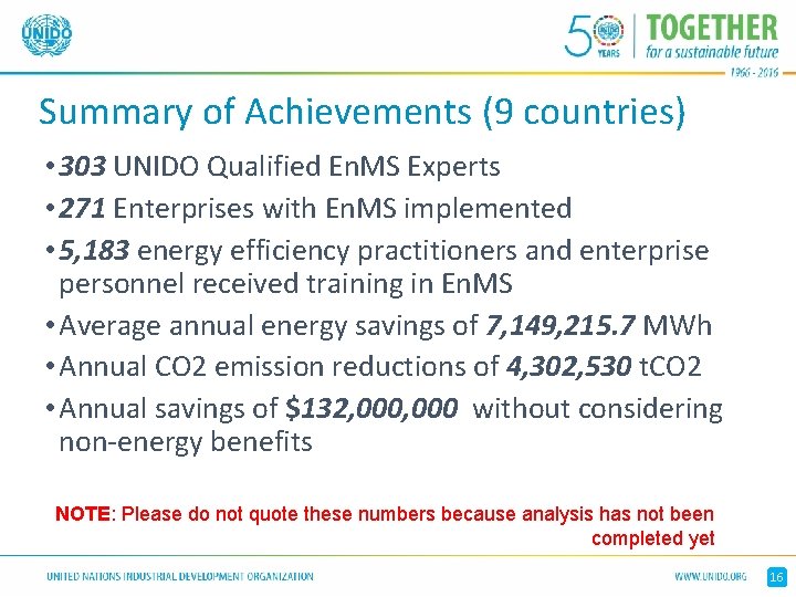 Summary of Achievements (9 countries) • 303 UNIDO Qualified En. MS Experts • 271 Summary of Achievements (9 countries) • 303 UNIDO Qualified En. MS Experts • 271