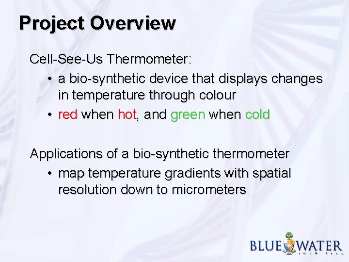 Project Overview Cell-See-Us Thermometer: • a bio-synthetic device that displays changes in temperature through