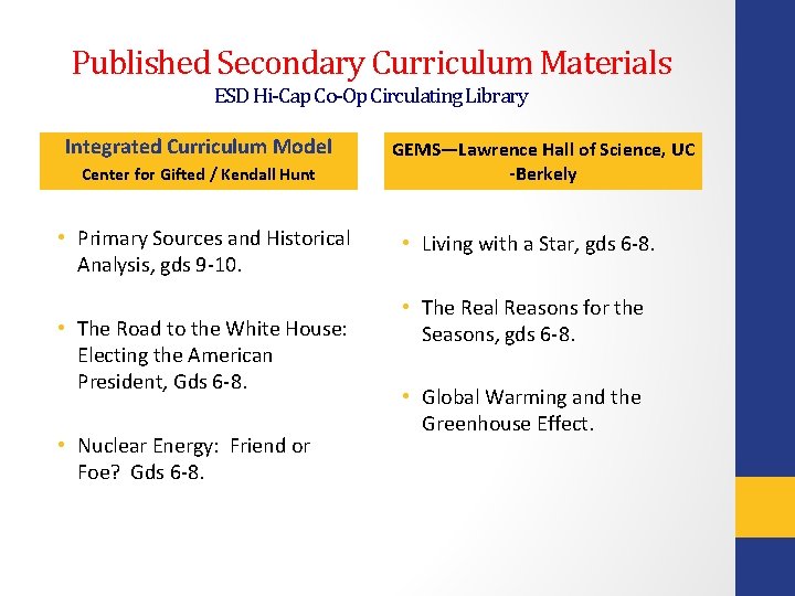 Published Secondary Curriculum Materials ESD Hi-Cap Co-Op Circulating Library Integrated Curriculum Model Center for