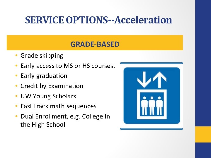 SERVICE OPTIONS--Acceleration GRADE-BASED • • Grade skipping Early access to MS or HS courses.