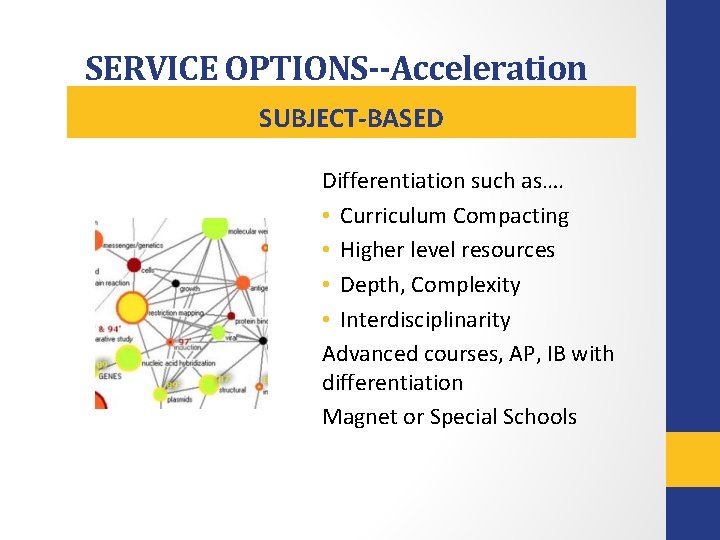 SERVICE OPTIONS--Acceleration SUBJECT-BASED Differentiation such as…. • Curriculum Compacting • Higher level resources •