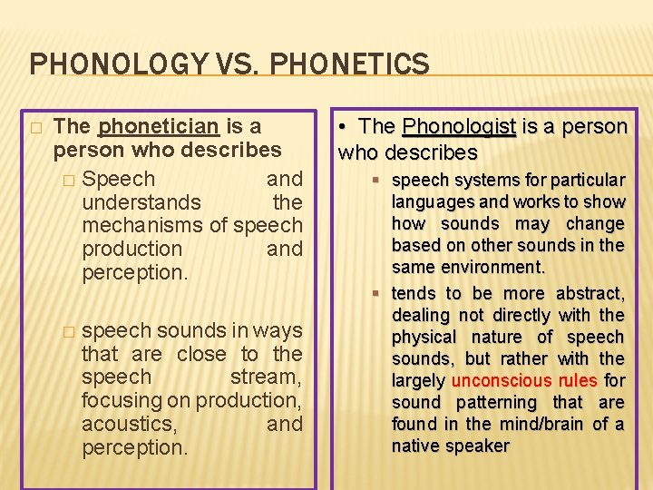 PHONOLOGY VS. PHONETICS � The phonetician is a person who describes � Speech and