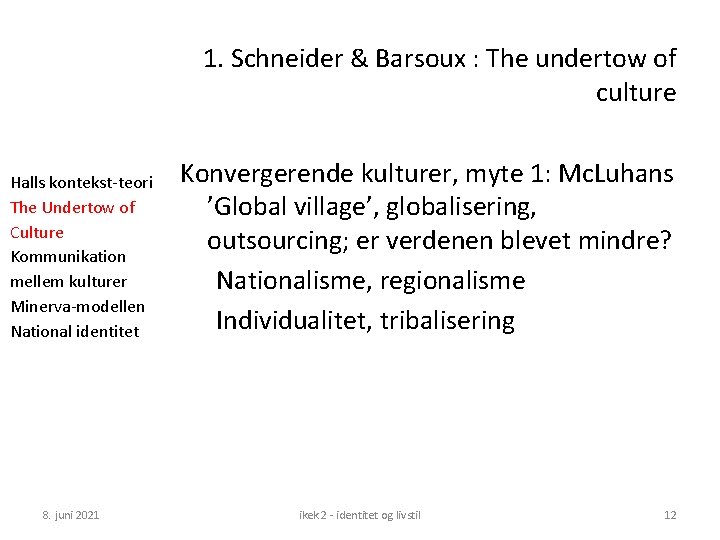 1. Schneider & Barsoux : The undertow of culture Halls kontekst-teori The Undertow of