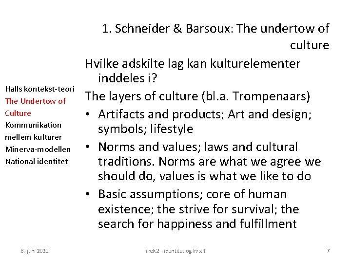 Halls kontekst-teori The Undertow of Culture Kommunikation mellem kulturer Minerva-modellen National identitet 8. juni
