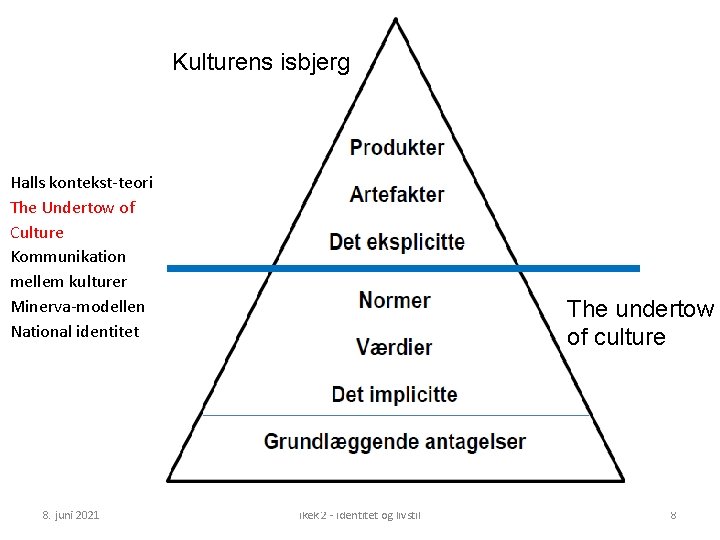 Kulturens isbjerg Halls kontekst-teori The Undertow of Culture Kommunikation mellem kulturer Minerva-modellen National identitet