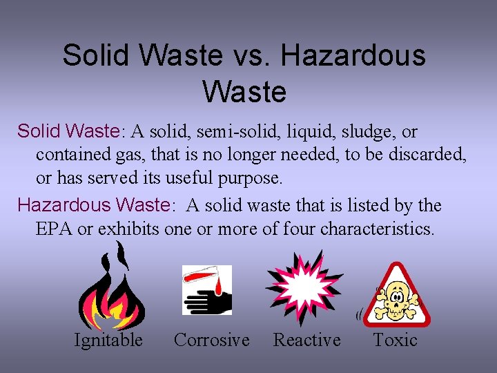 Solid Waste vs. Hazardous Waste Solid Waste: A solid, semi-solid, liquid, sludge, or contained