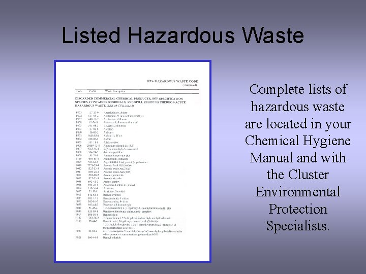 Listed Hazardous Waste Complete lists of hazardous waste are located in your Chemical Hygiene
