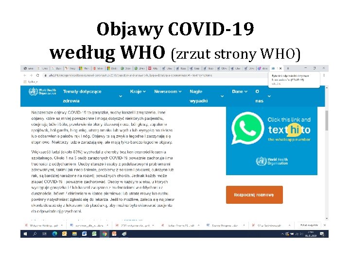 Objawy COVID-19 według WHO (zrzut strony WHO) 
