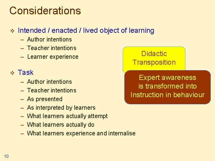 Considerations v Intended / enacted / lived object of learning – Author intentions –