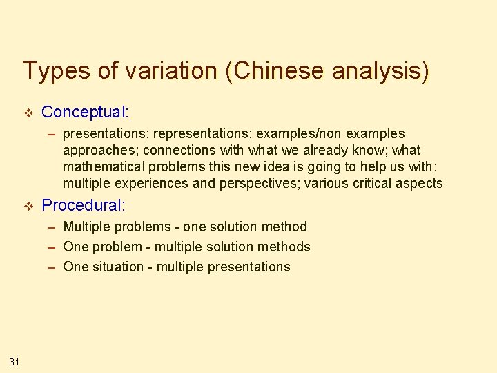 Types of variation (Chinese analysis) v Conceptual: – presentations; representations; examples/non examples approaches; connections