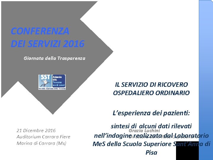 CONFERENZA DEI SERVIZI 2016 Giornata della Trasparenza IL SERVIZIO DI RICOVERO OSPEDALIERO ORDINARIO L’esperienza