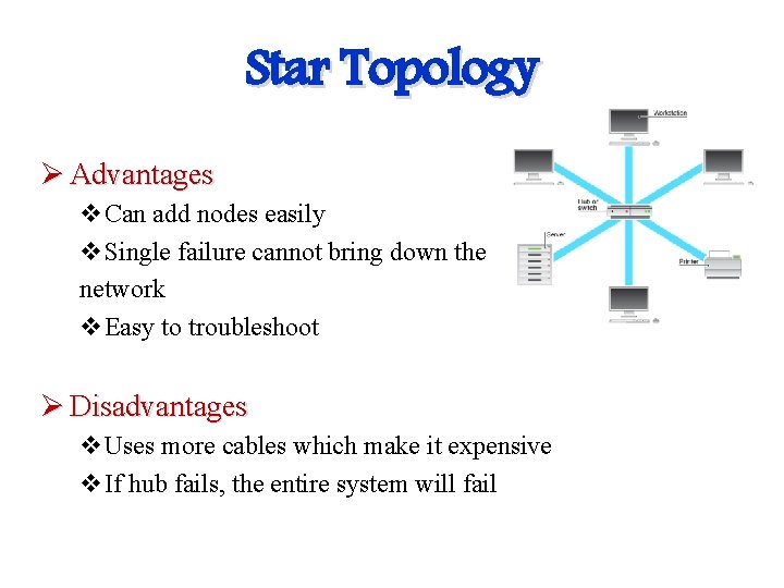 Star Topology Ø Advantages v. Can add nodes easily v. Single failure cannot bring