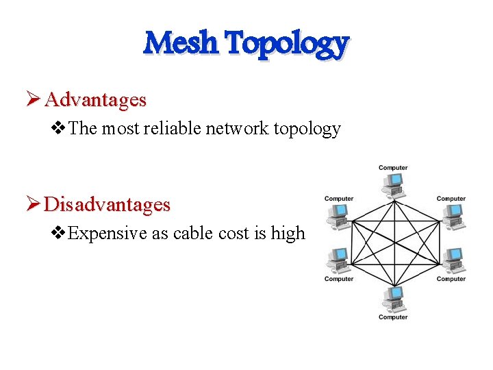 Mesh Topology Ø Advantages v. The most reliable network topology Ø Disadvantages v. Expensive