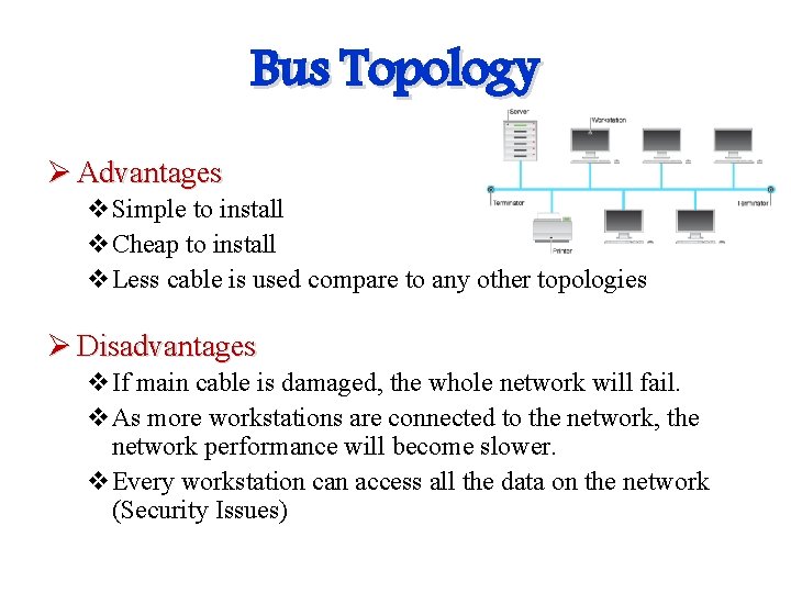 Bus Topology Ø Advantages v. Simple to install v. Cheap to install v. Less