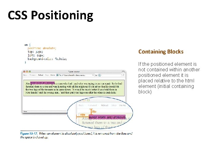 CSS Positioning Containing Blocks If the positioned element is not contained within another positioned