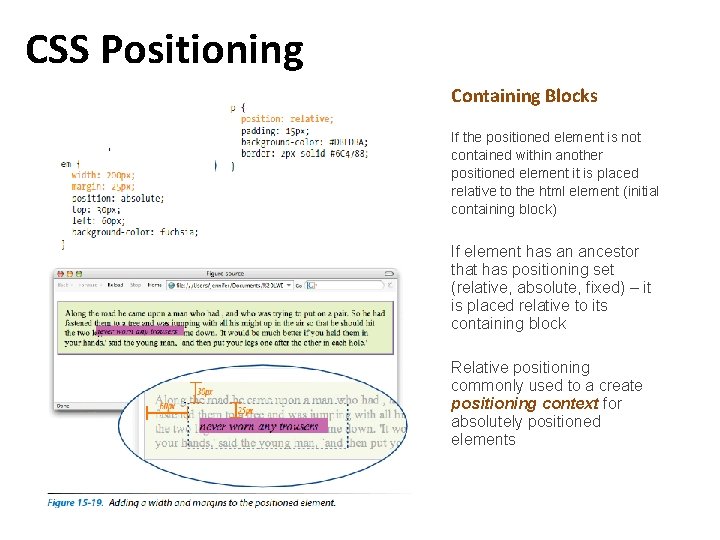 CSS Positioning Containing Blocks If the positioned element is not contained within another positioned