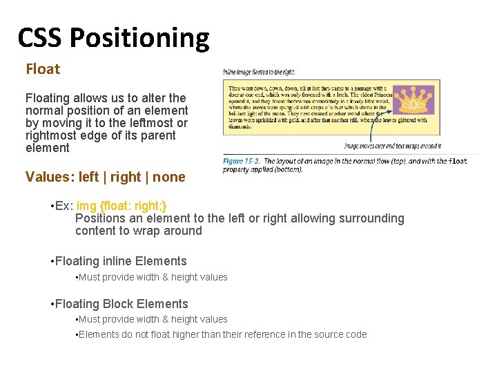 CSS Positioning Floating allows us to alter the normal position of an element by