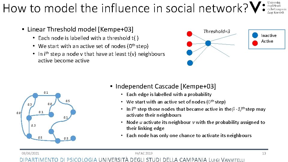 How to model the influence in social network? • Linear Threshold model [Kempe+03] •