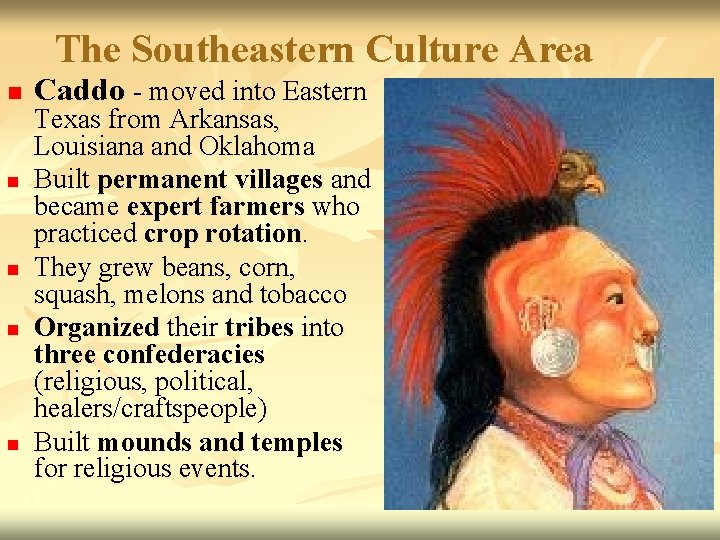 The Southeastern Culture Area n n n Caddo - moved into Eastern Texas from