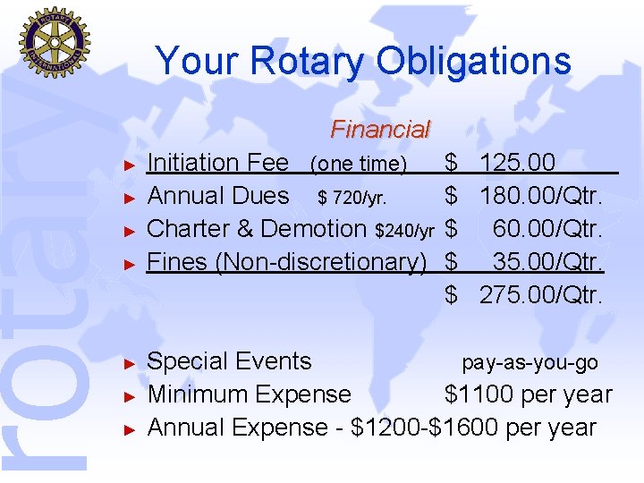 rotary Your Rotary Obligations Financial ► ► ► ► Initiation Fee (one time) Annual