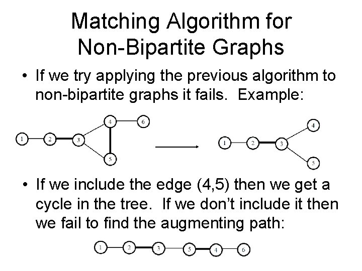 Matching Algorithm for Non-Bipartite Graphs • If we try applying the previous algorithm to