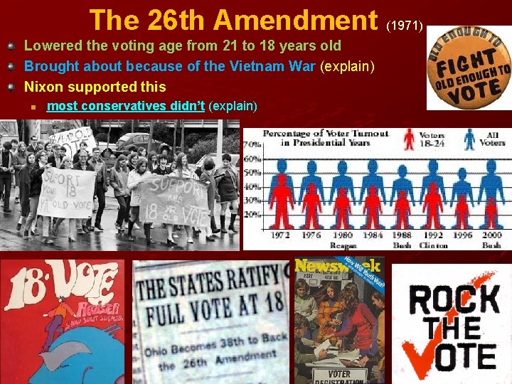 The 26 th Amendment (1971) Lowered the voting age from 21 to 18 years The 26 th Amendment (1971) Lowered the voting age from 21 to 18 years