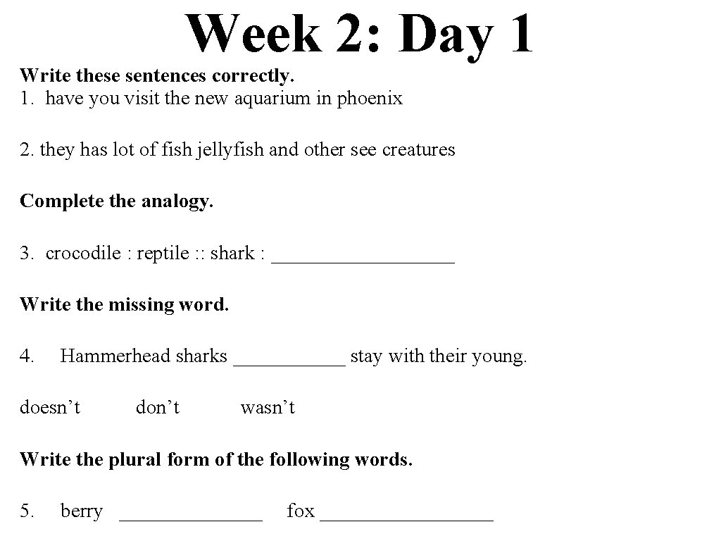 Week 2: Day 1 Write these sentences correctly. 1. have you visit the new