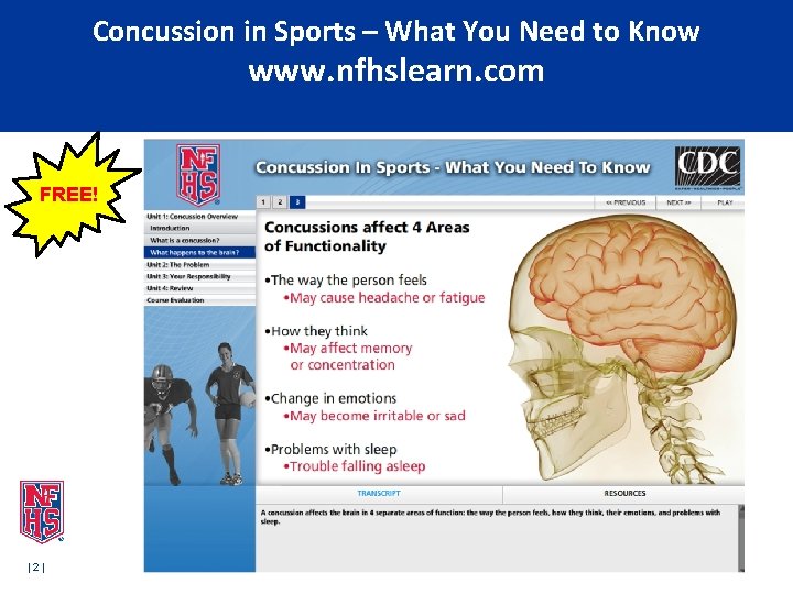 Concussion in Sports – What You Need to Know www. nfhslearn. com FREE! |2| Concussion in Sports – What You Need to Know www. nfhslearn. com FREE! |2|