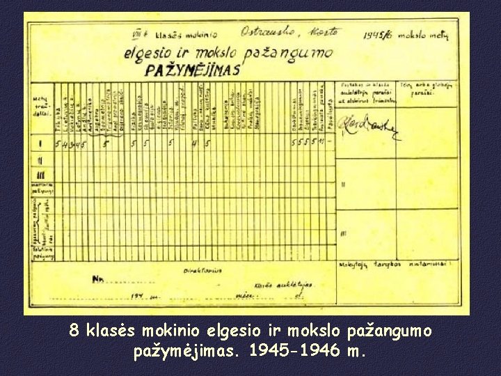 8 klasės mokinio elgesio ir mokslo pažangumo pažymėjimas. 1945 -1946 m. 