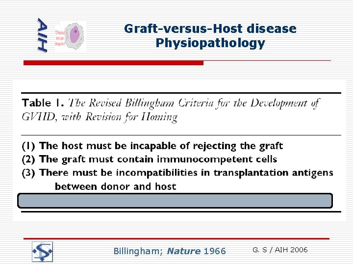 Graft-versus-Host disease Physiopathology Billingham; Nature 1966 G. S / AIH 2006 