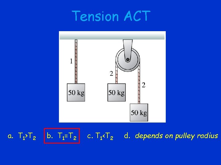 Tension ACT a. T 1>T 2 b. T 1=T 2 c. T 1<T 2