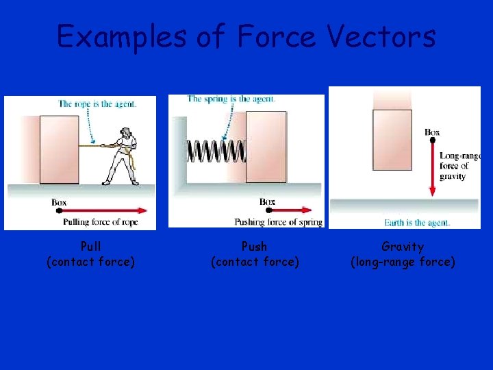 Examples of Force Vectors Pull (contact force) Push (contact force) Gravity (long-range force) 