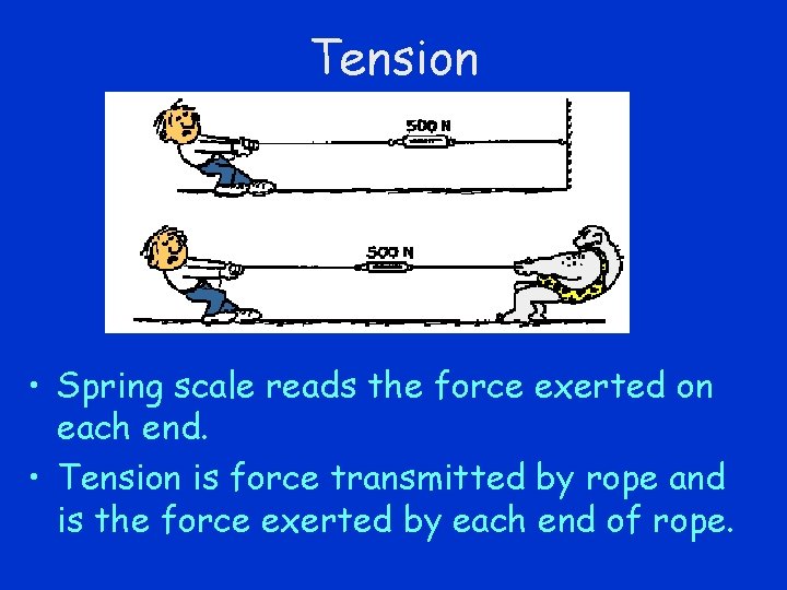 Tension • Spring scale reads the force exerted on each end. • Tension is